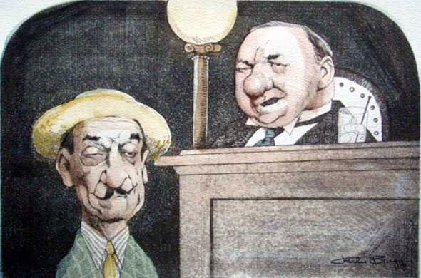 CHARLES BRAGG "NIGHT COURT" HAND SIGNED LITHOGRAPH: CHARLES BRAGG - PENCIL SIGNED LITHOGRAPH ON HEAVY ARCHIVAL WOVE PAPER - HAND-COLORED WITH WATERCOLOR - PAPER SIZE APPROX. 11-1/2 X 14-1/2 - PROFESSIONALLY FRAMED AND MATTED - MINT