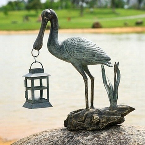 SPOONBILL LANTERN CANDLE HOLDER: SPOONBILL LANTERN CANDLE HOLDER - 17"H 12.5"W 7.5"D - CAST IRON, GLASS & ALUMINUM