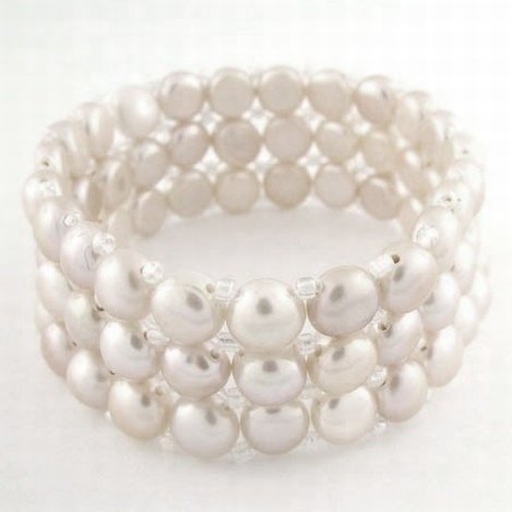 WHITE PEARL BRACELET: 3 ROW WHITE PEARL BRACELET - GENUINE 7MM FRESH WATER PEARLS - 7" STRECH BRACELET