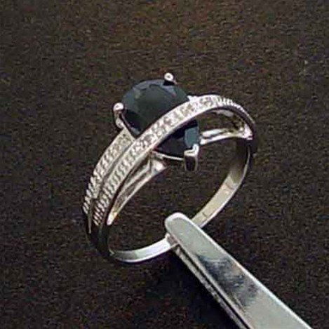 1.80 CT. SAPPHIRE & DIAMOND STERLING RING: 1.80 CT. GENUINE SAPPHIRE AND DIAMOND STERLING SILVER RING - MIDNIGHT BLUE FACETED PEAR CUT SAPPHIRE CENTER STONE WITH GENUINE NATURAL DIAMOND ACCENT POINTS - METAL STAMP: .925 - NO TARNISH RHODIUM PL