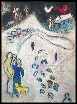CHAGALL 1977 "DAPHNIS AND CHLOE" LITHOGRAPH: CHAGALL 1977 "DAPHNIS AND CHLOE" LITHOGRAPH - "WINTER" BY MARC CHAGALL FROM THE "DAPHNIS AND CHLOE" COLLECTION - PUBLISHED IN 1977 BY GEORGE BRAZILLER (BOOK PLATE) - APPROX. IMAGE SIZE: 9.5 X 12.75 - 