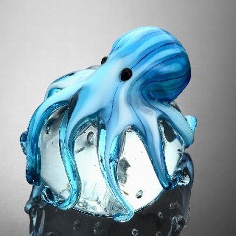 ART GLASS OCTOPUS SPHERE / PAPERWEIGHT: ART GLASS BLUE OCTOPUS SPHERE / PAPERWEIGHT - 4"H X 4.5"W X 4"D - HAND CRAFTED