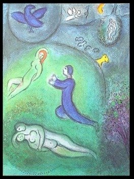 CHAGALL 1977 "DAPHNIS AND CHLOE" LITHOGRAPH: CHAGALL 1977 "DAPHNIS AND CHLOE" LITHOGRAPH - "DAPHNIS AND LYCOENIUM" BY MARC CHAGALL FROM THE "DAPHNIS AND CHLOE" COLLECTION - PUBLISHED IN 1977 BY GEORGE BRAZILLER (BOOK PLATE) - APPROX. IMAGE SIZE: