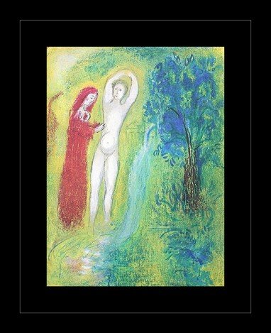 CHAGALL 1977 "DAPHNIS AND CHLOE" LITHOGRAPH: CHAGALL 1977 "DAPHNIS AND CHLOE" LITHOGRAPH - "DAPHNIS AND CHLOE BESIDE THE SPRING" BY MARC CHAGALL FROM THE "DAPHNIS AND CHLOE" COLLECTION - PUBLISHED IN 1977 BY GEORGE BRAZILLER (BOOK PLATE) - APPRO
