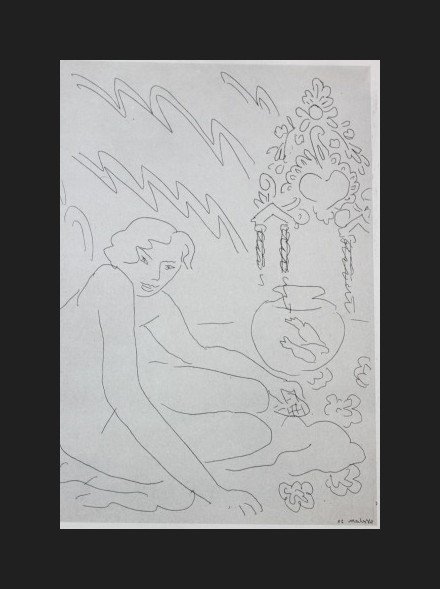 VINTAGE 1956 MATISSE LITHOGRAPH: HENRI MATISSE "SEATED NUDE WITH A GOLDFISH BOWL" - VINTAGE LITHOGRAPH AFTER THE 1929 ETCHING - PRINTED IN 1956 - PUBLISHED BY GEORGE BRAZILLER NEW YORK - PROFESSIONALLY FRAMED AND MATTED - GALLERY STY