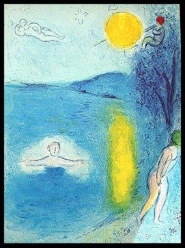 CHAGALL 1977 "DAPHNIS AND CHLOE" LITHOGRAPH: CHAGALL 1977 "DAPHNIS AND CHLOE" LITHOGRAPH - "SUMMERTIME" BY MARC CHAGALL FROM THE "DAPHNIS AND CHLOE" COLLECTION - PUBLISHED IN 1977 BY GEORGE BRAZILLER (BOOK PLATE) - APPROX. IMAGE SIZE: 9.5 X 12.7