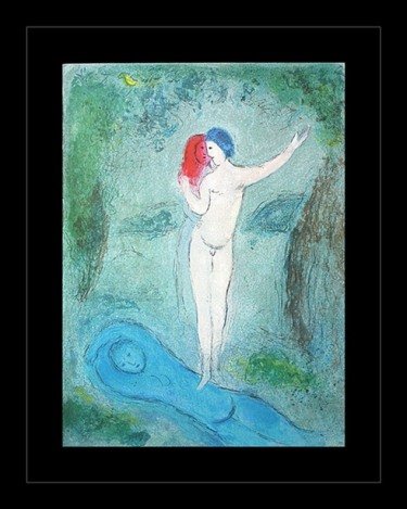 CHAGALL 1977 "DAPHNIS AND CHLOE" LITHOGRAPH: CHAGALL 1977 "DAPHNIS AND CHLOE" LITHOGRAPH - "CHLOE'S KISS" BY MARC CHAGALL FROM THE "DAPHNIS AND CHLOE" COLLECTION - PUBLISHED IN 1977 BY GEORGE BRAZILLER (BOOK PLATE) - APPROX. IMAGE SIZE: 9.5 X 12