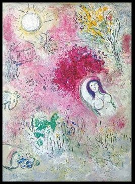 CHAGALL 1977 "DAPHNIS AND CHLOE" LITHOGRAPH: CHAGALL 1977 "DAPHNIS AND CHLOE" LITHOGRAPH - "CHLOE" BY MARC CHAGALL FROM THE "DAPHNIS AND CHLOE" COLLECTION - PUBLISHED IN 1977 BY GEORGE BRAZILLER (BOOK PLATE) - APPROX. IMAGE SIZE: 9.5 X 12.75 - U
