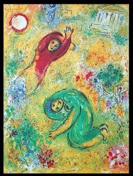 CHAGALL 1977 "DAPHNIS AND CHLOE" LITHOGRAPH: CHAGALL 1977 "DAPHNIS AND CHLOE" LITHOGRAPH - "THE TRAMPLED FLOWERS" BY MARC CHAGALL FROM THE "DAPHNIS AND CHLOE" COLLECTION - PUBLISHED IN 1977 BY GEORGE BRAZILLER (BOOK PLATE) - APPROX. IMAGE SIZE: 