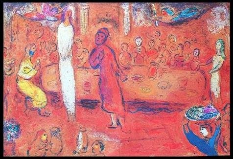 CHAGALL 1977 "DAPHNIS AND CHLOE" LITHOGRAPH: CHAGALL 1977 "DAPHNIS AND CHLOE" LITHOGRAPH - "MEGACLES RECOGNIZESHIS DAUGHTER AT THE FEAST" BY MARC CHAGALL FROM THE "DAPHNIS AND CHLOE" COLLECTION - PUBLISHED IN 1977 BY GEORGE BRAZILLER (BOOK PLATE