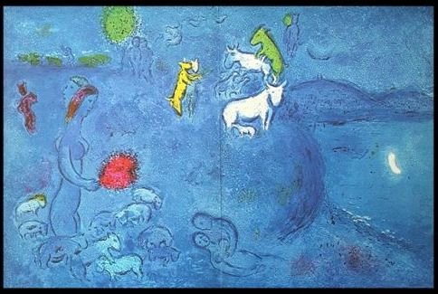 CHAGALL 1977 "DAPHNIS AND CHLOE" LITHOGRAPH: CHAGALL 1977 "DAPHNIS AND CHLOE" LITHOGRAPH - "SPRING" BY MARC CHAGALL FROM THE "DAPHNIS AND CHLOE" COLLECTION - PUBLISHED IN 1977 BY GEORGE BRAZILLER (BOOK PLATE) - APPROX. IMAGE SIZE: 18.5 X 12.75 -