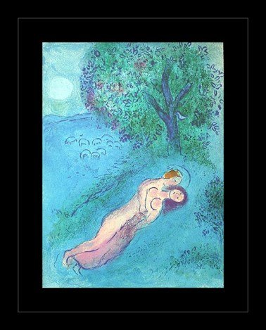 CHAGALL 1977 "DAPHNIS AND CHLOE" LITHOGRAPH: CHAGALL 1977 "DAPHNIS AND CHLOE" LITHOGRAPH - "THE LESSON OF PHILETAS" BY MARC CHAGALL FROM THE "DAPHNIS AND CHLOE" COLLECTION - PUBLISHED IN 1977 BY GEORGE BRAZILLER (BOOK PLATE) - APPROX. IMAGE SIZE