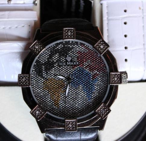 MENS ICE MAXX DIAMOND BEZEL WATCH: MENS ICE MAXX DIAMOND BEZEL WATCH - LARGE HEAVY MASCULINE STYLE DIAMOND DRESS WATCH - 12 GENUINE DIAMONDS MARKERS SET IN THE BEZEL - HIGH POLISH ANTIQUE SHEEN STAINLESS STEEL BODY - LARGE 2" INCH FACE