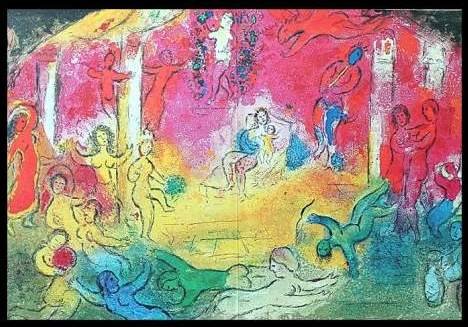 CHAGALL 1977 "DAPHNIS AND CHLOE" LITHOGRAPH: CHAGALL 1977 "DAPHNIS AND CHLOE" LITHOGRAPH - "THE TEMPLE OF BACCHUS AND HIS STORY" BY MARC CHAGALL FROM THE "DAPHNIS AND CHLOE" COLLECTION - PUBLISHED IN 1977 BY GEORGE BRAZILLER (BOOK PLATE) - APPRO