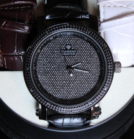 MEN'S DIAMOND MASTER DIAMOND BEZEL WATCH: MEN'S DIAMOND MASTER, DIAMOND MAXX DIAMOND BEZEL WATCH - LARGE HEAVY MASCULINE STYLE DIAMOND DRESS WATCH - 12 GENUINE DIAMONDS MARKERS SET IN THE BEZEL - HIGH POLISH ANTIQUE SHEEN STAINLESS STEEL BODY