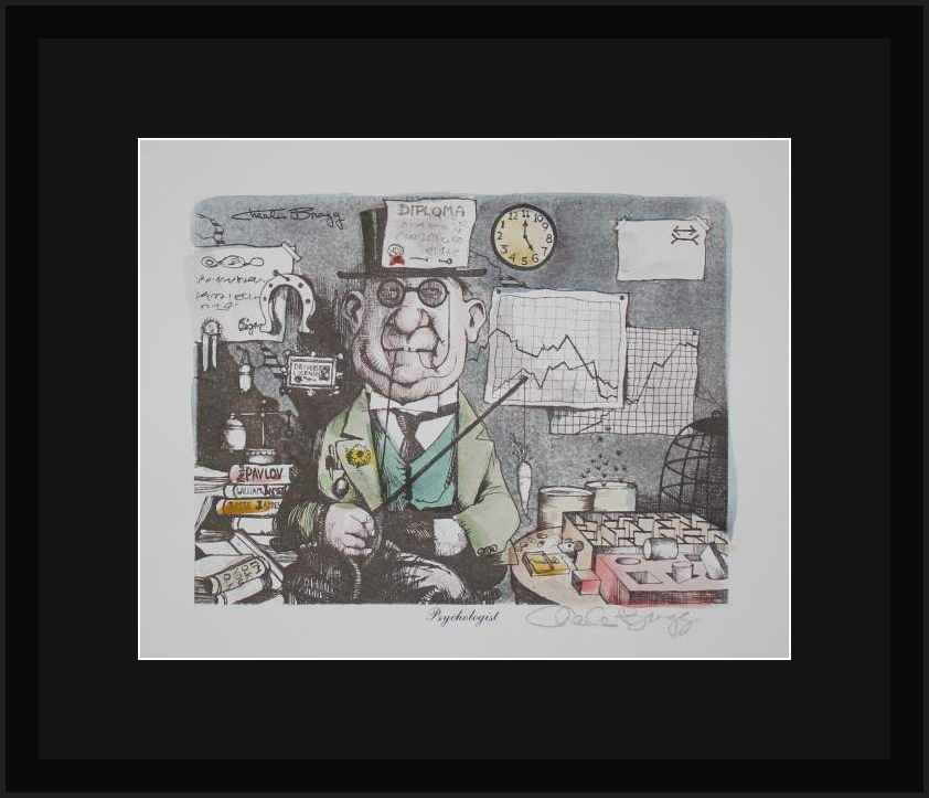 CHARLES BRAGG "PSYCHOLOGIST" HAND SIGNED LITHOGRAPH: CHARLES BRAGG - PENCIL SIGNED LITHOGRAPH ON HEAVY ARCHIVAL WOVE PAPER - HAND-COLORED WITH WATERCOLOR - PAPER SIZE APPROX. 11-1/2 X 14-1/2 - PROFESSIONALLY FRAMED AND MATTED - MINT
