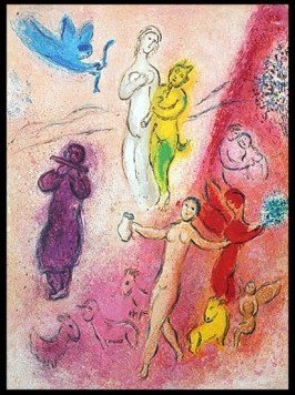 CHAGALL 1977 "DAPHNIS AND CHLOE" LITHOGRAPH: CHAGALL 1977 "DAPHNIS AND CHLOE" LITHOGRAPH - "THE TALE OF SYRINX" BY MARC CHAGALL FROM THE "DAPHNIS AND CHLOE" COLLECTION - PUBLISHED IN 1977 BY GEORGE BRAZILLER (BOOK PLATE) - APPROX. IMAGE SIZE: 9.