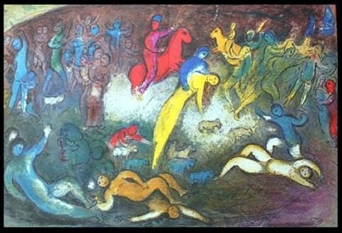CHAGALL 1977 "DAPHNIS AND CHLOE" LITHOGRAPH: CHAGALL 1977 "DAPHNIS AND CHLOE" LITHOGRAPH - "THE CAPTURE OF CHLOE" BY MARC CHAGALL FROM THE "DAPHNIS AND CHLOE" COLLECTION - PUBLISHED IN 1977 BY GEORGE BRAZILLER (BOOK PLATE) - APPROX. IMAGE SIZE: 
