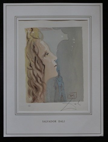 DALI HAND SIGNED ORIG. COLORED WOOD ENGRAVING - 1960: SALVADOR DALI HAND SIGNED COLORED WOOD ENGRAVING - 1960 - CREATED FOR DANTE'S "LA DIVINA COMMEDIA" - ARTIST'S PROOF - HAND SIGNED IN PENCIL BY DALI - NUMBERED IN THE LOWER LEFT CORNER "EA" IN PENCIL -