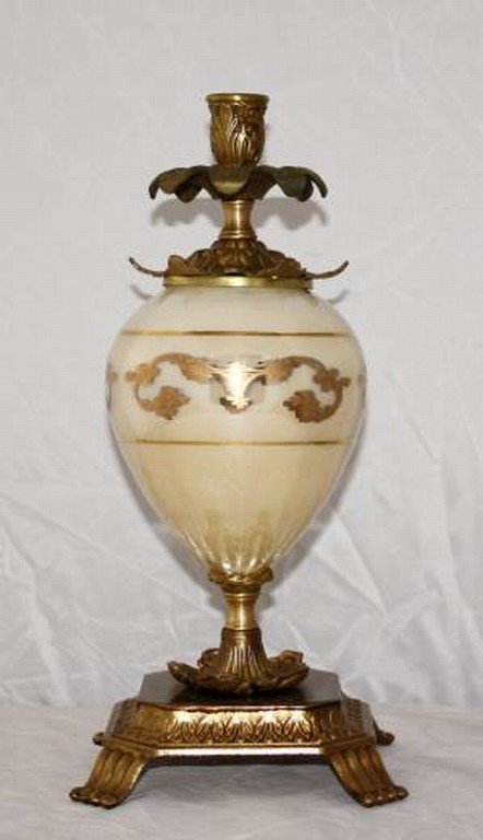 MURANO CRYSTAL CANDLE HOLDER: MURANO CRYSTAL CANDLE HOLDERS - HAND PAINTED GOLD DESIGN - INTRICATE BRASS BASE AND ACCENTS- 5L" x 5W" x 12H"