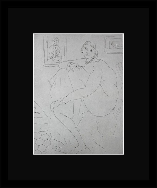 VINTAGE 1956 MATISSE LITHOGRAPH: HENRI MATISSE "SEATED NUDE WITH PICTURES" - VINTAGE LITHOGRAPH AFTER THE 1929 ETCHING - PRINTED IN 1956 - PUBLISHED BY GEORGE BRAZILLER NEW YORK - PROFESSIONALLY FRAMED AND MATTED - GALLERY STYLE WITH