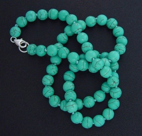 TURQUOISE MAGNESITE NECKLACE - STERL. CLASP: TURQUOISE MAGNESITE BEAD NECKLACE W/ STERLING SILVER CLASP - BEAD SIZE: 8.5 MM (DIA) CLASP TYPE: LOBSTER CLASP LENGTH: 20" LENGTH