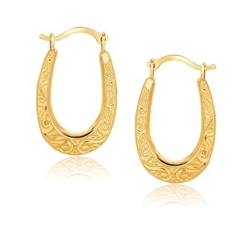 10KY GOLD FANCY OVAL HOOP EARRINGS-: 10K YELLOW GOLD FANCY OVAL HOOP EARRINGS - CRAFTED IN 10K YELLOW GOLD; THESE EARRINGS FEATURE INTRICATE DETAILING ON OVAL HOOPS AND ARE SECURED WITH A SNAP POST BACKING -