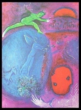 CHAGALL 1977 "DAPHNIS AND CHLOE" LITHOGRAPH: CHAGALL 1977 "DAPHNIS AND CHLOE" LITHOGRAPH - "THE DREAM OF LAMON AND DRYAS" BY MARC CHAGALL FROM THE "DAPHNIS AND CHLOE" COLLECTION - PUBLISHED IN 1977 BY GEORGE BRAZILLER (BOOK PLATE) - APPROX. IMAG