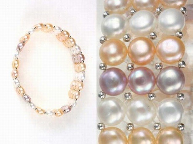 TRI COLOR PEARL BRACELET: 3 ROW TRI COLOR PEARL BRACELET (BLACK, PINK AND WHITE) - GENUINE 7MM FRESH WATER PEARLS - 7" STRECH BRACELET - STERLING SILVER ACCENT BEADS