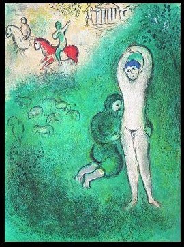 CHAGALL 1977 "DAPHNIS AND CHLOE" LITHOGRAPH: CHAGALL 1977 "DAPHNIS AND CHLOE" LITHOGRAPH - "DAPHNIS AND GNATHO" BY MARC CHAGALL FROM THE "DAPHNIS AND CHLOE" COLLECTION - PUBLISHED IN 1977 BY GEORGE BRAZILLER (BOOK PLATE) - APPROX. IMAGE SIZE: 9.