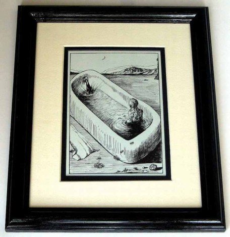 RARE ANTIQUE 1948 DALI LITHOGRAPH: RARE ANTIQUE 1948 DALI LITHOGRAPH - "BATHTUB SOLILOQUIES" - A BLUE GREEN PASTEL RARELY SEEN ARTWORK BY SALVADOR DALI OF A SURREALIST ENLONGATED BATHTUB - PROFESSIONALLY FRAMED AND MATTED - SOLID WOOD 