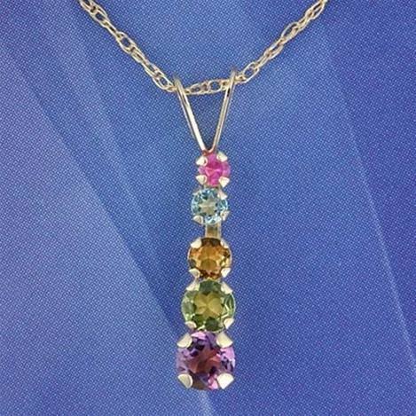 10KY GOLD MULTI-GEMSTONE NECKLACE: 10KY GOLD MULTI-GEMSTONE NECKLACE - BRILLIANT ROUND CUT GEM TYPES: GENUINE PERIDOT, CITRINE, BLUE TOPAZ, AMETHYST AND CREATED PINK SAPPHIRE - PENDANT SIZE: 18.5 X 3.4 - CHAIN SIZE: 18" 10K GOLD CHAIN