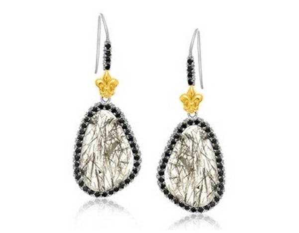 18KY GOLD & STERLING BLACK SPINEL RUTILATED QUARTZ: 18K YELLOW GOLD & .925 STERLING SILVER BLACK SPINEL RUTILATED QUARTZ EARRINGS - POLISHED FLEUR DE LIS DETAILING HIGHLIGHTS THE MONOCHROMATIC BEAUTY OF THE RUTILATED QUARTZ AND BLACK SPINEL ACCENTS OF