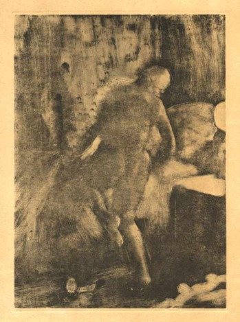 EDGAR DEGAS (FEMME AU LIT): EDGAR DEGAS (FEMME AU LIT) - MEDIUM: GRAVURE WITH POCHOIR COLORING (AFTER THE EXTREMELY RARE ORIGINAL MONOTYPE) - PRINTED ON MARAIS PAPER IN PARIS IN 1948 BY QUATRE CHEMINS - THIS IS A QUALITY PRINTIN