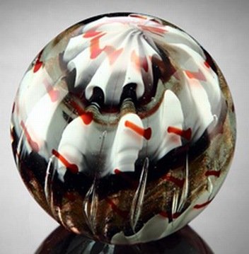 ART GLASS SPHERE / PAPERWEIGHT: RED & WHITE RIPPLE - ART GLASS SPHERE / PAPERWEIGHT - HAND CRAFTED - 4" DIAMETER