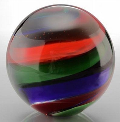ART GLASS SPHERE / PAPERWEIGHT: RED / GREEN / BLUE SWIRL - ART GLASS SPHERE / PAPERWEIGHT - HAND CRAFTED - 4.5" DIAMETER