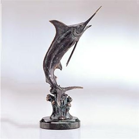 HUNTING MARLIN BRONZE SCULPTURE: HUNTING MARLIN BRONZE SCULPTURE - 10.5"H 5.5"W 4"D - GREAT ATTENTION TO DETAIL - BEAUTIFUL FINISH - LOST WAX CAST- MOUNTED ON MARBLE BASE