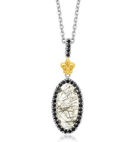 18KY GOLD & STERLING OVAL RUTILATED QUARTZ & BLACK: 18K YELLOW GOLD & .925 STERLING SILVER OVAL RUTILATED QUARTZ AND BLACK SPINEL PENDANT - BRILLIANT -03CT DIAMONDS PROVIDE ELEGANT CONTRAST TO THE POPCORN TEXTURE BORDER OF THIS CUSHION SKY BLUE TOPAZ P