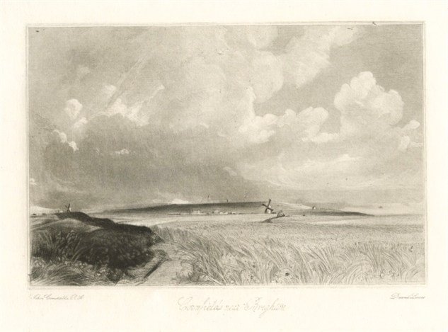 SIR JOHN CONSTABLE / DAVID LUCAS MEZZOTINT: SIR JOHN CONSTABLE / DAVID LUCAS MEZZOTINT "CORNFIELDS NEAR BRIGHTON" - THIS BEAUTIFUL MEZZOTINT ENGRAVING WAS COMPOSED BY JOHN CONSTABLE AND ENGRAVED BY DAVID LUCAS - IT IS FROM THE MUCH SOUGHT - AFT
