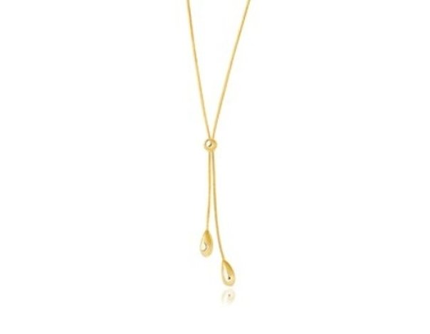 14KY GOLD TEARDROP LARIAT NECKLACE: GOLDEN TEARDROPS SENSUOUSLY SWAY AT THE ENDS OF TWO DIFFERENT LENGTHS OF GRACEFUL SNAKE CHAIN - THE CENTER BEAD PROVIDES A LIVELY FOCAL POINT FOR THIS EXPERTLY CRAFTED 14K YELLOW GOLD NECKLACE - MEASU