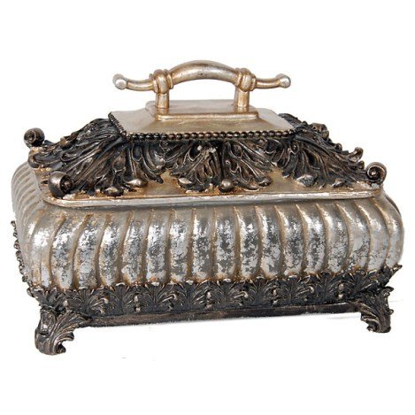 ANTIQUED SILVER LEAF JEWELRY BOX: JEWELRY BOX WITH ANTIQUED SILVER FINISH AND ORNATE SILVER DESIGN. DIMENSIONS: 12"L X 8"D X 8"H.