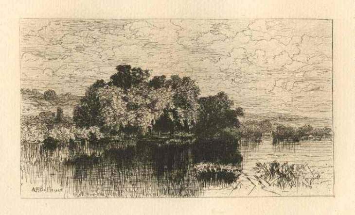 BELLOWS ORIGINAL ETCHING "MILL POND AT WINDSOR,: ALBERT FITCH BELLOWS ORIGINAL ETCHING "MILL POND AT WINDSOR, CONNECTICUT" - ALSO CALLED "JULY"; ORIGINAL ETCHING - THIS IMPRESSION WAS PUBLISHED IN 1887 BY ESTES AND LAURIAT, BOSTON - PRINTED ON LAID