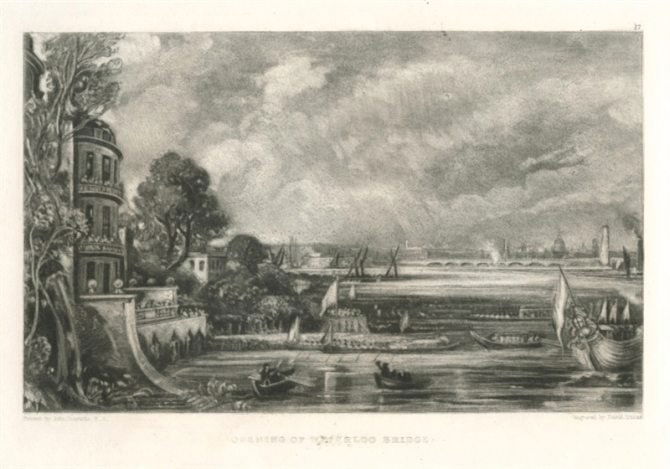 SIR JOHN CONSTABLE / DAVID LUCAS MEZZOTINT: SIR JOHN CONSTABLE / DAVID LUCAS MEZZOTINT "OPENING OF WATERLOO BRIDGE" - THIS BEAUTIFUL MEZZOTINT ENGRAVING WAS COMPOSED BY JOHN CONSTABLE AND ENGRAVED BY DAVID LUCAS - IT IS FROM THE MUCH SOUGHT - A