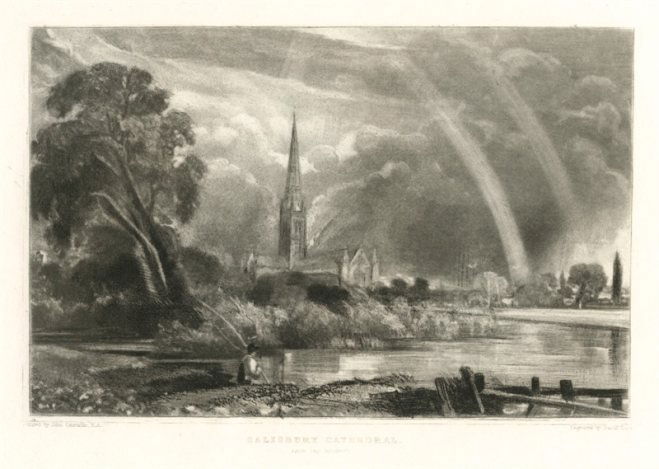 SIR JOHN CONSTABLE / DAVID LUCAS MEZZOTINT: SIR JOHN CONSTABLE / DAVID LUCAS MEZZOTINT "SALISBURY CATHEDRAL FROM THE MEADOWS" - THIS BEAUTIFUL MEZZOTINT ENGRAVING WAS COMPOSED BY JOHN CONSTABLE AND ENGRAVED BY DAVID LUCAS - IT IS FROM THE MUCH