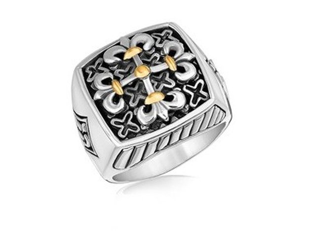 18KY GOLD & STERLING MEN'S RING W/ FLEUR DE LIS CROSS: 18K YELLOW GOLD AND .925 STERLING SILVER MEN'S RING WITH FLEUR DE LIS CROSS ACCENTS - FLEUR DE LIS MOTIFS FORMING A CROSS STYLE WITH 18K YELLOW GOLD BAR AND DOT ELEMENTS HIGHLIGHT THE OLD WORLD CHARM 