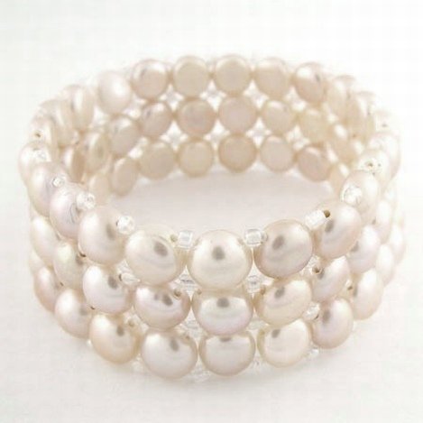 PINK & WHITE PEARL BRACELET: 3 ROW PINK & WHITE PEARL BRACELET - GENUINE 7MM FRESH WATER PEARLS - 7" STRECH BRACELET