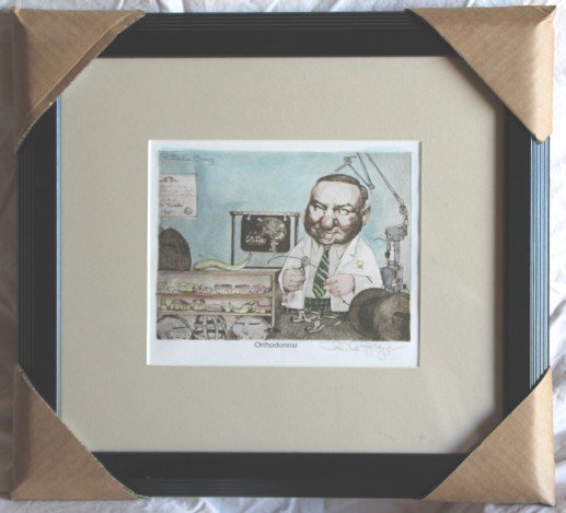 CHARLES BRAGG "ORTHODONTIST" HAND SIGNED LITHOGRAPH: CHARLES BRAGG - PENCIL SIGNED LITHOGRAPH ON HEAVY ARCHIVAL WOVE PAPER - HAND-COLORED WITH WATERCOLOR - PAPER SIZE APPROX. 11-1/2 X 14-1/2 - PROFESSIONALLY FRAMED AND MATTED - MINT