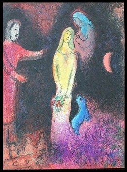 CHAGALL 1977 "DAPHNIS AND CHLOE" LITHOGRAPH: CHAGALL 1977 "DAPHNIS AND CHLOE" LITHOGRAPH - "CHLOE DRESSED AND COIFFURED BY CLEARISTA" BY MARC CHAGALL FROM THE "DAPHNIS AND CHLOE" COLLECTION - PUBLISHED IN 1977 BY GEORGE BRAZILLER (BOOK PLATE) - 