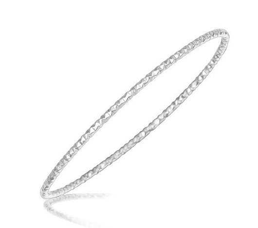 STERLING HAMMERED STYLE SLIM BANGLE W/ RHODIUM PLATING: .925 STERLING SILVER HAMMERED STYLE SLIM BANGLE WITH RHODIUM PLATING - DESIGNED IN GORGEOUS .925 STERLING SILVER WITH RHODIUM PLATING; THE HAMMERED DESIGN OF THIS SLIP ON BANGLE GIVES OFF A LOVELY SHI