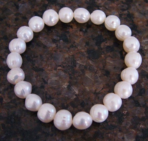 WHITE PEARL BRACELET: WHITE PEARL BRACELET - 8 MM FRESH WATER PEARLS - 7" STRETCH BRACELET